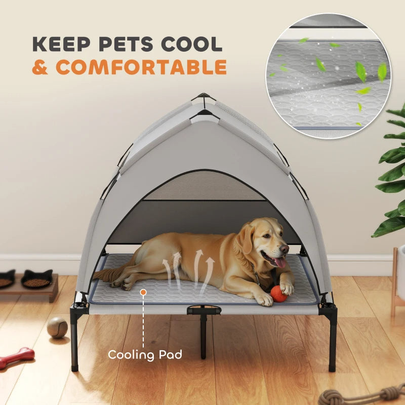 Elevated Outdoor Dog Bed with Canopy & Cooling Pad